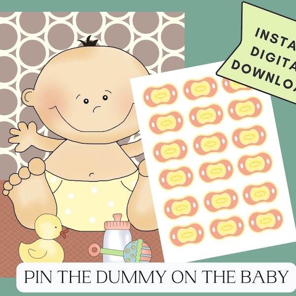 Pin the dummy on the baby, Pin the pacifier on the baby, printable baby shower game, Pin the tail game