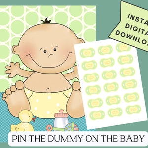 Pin den Schnuller auf das Baby, Pin den Schnuller auf dem Baby, druckbares Baby shower Spiel, Pin the tail Spiel