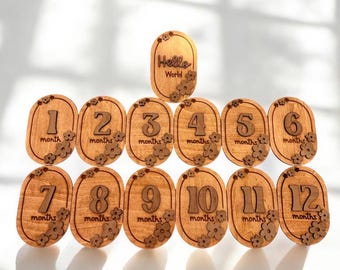 Wooden Baby Milestone Plaques | Hello World, 1-12 Months Photo Props