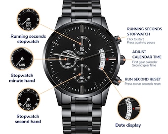 May include: A black chronograph wristwatch with a black metal band. The watch face has three sub-dials, a date window, and a running seconds stopwatch function. The watch has a black background with white markings.