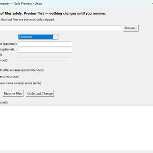 May include: Screenshot of the One-Click File Renamer software interface. The interface includes fields for renaming files, with options for renaming mode, and previewing changes. The text "Rename batches of files safely. Preview first - nothing changes until you rename" is visible.