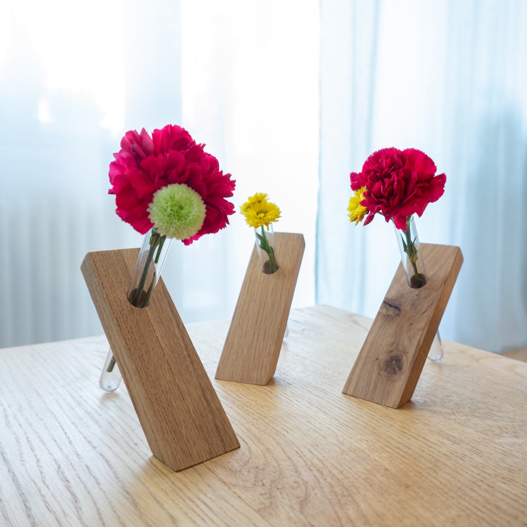 Set of 3 FLOWER SAVER Flower Vases Made of Oak Wood and Test Tube