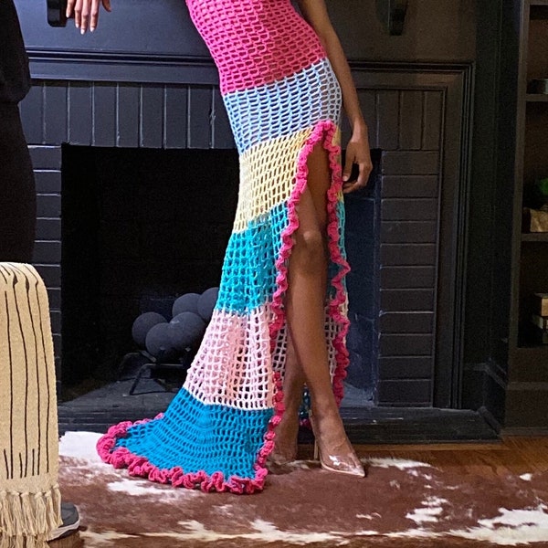 Mesh Thigh Slit Dress | Mesh Dress with Flowers | Mesh Ruffle Hem Crochet Dress