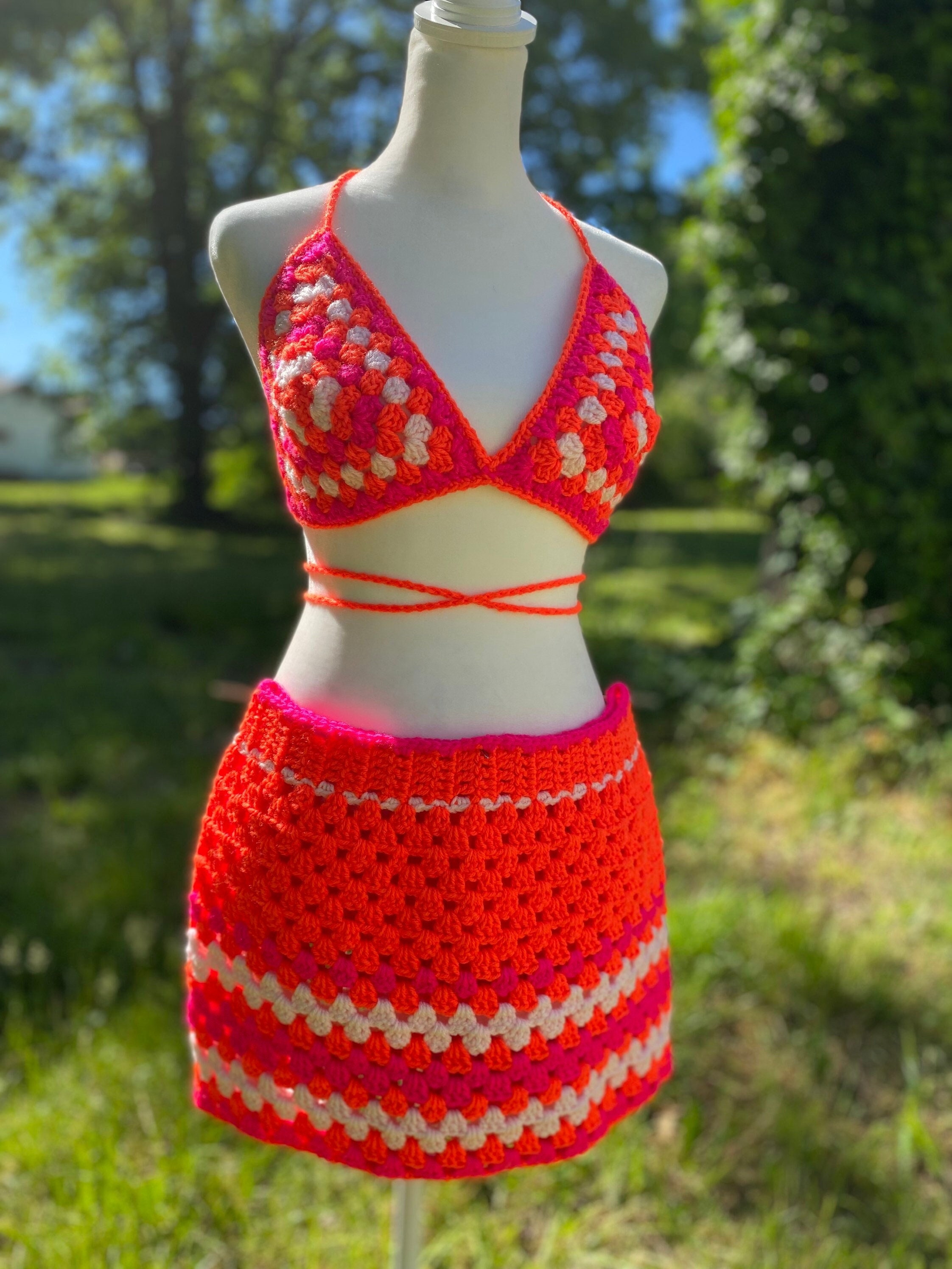 Crochet Skirt Set Bikini Cover up Pink and Orange Skirt - Etsy Canada