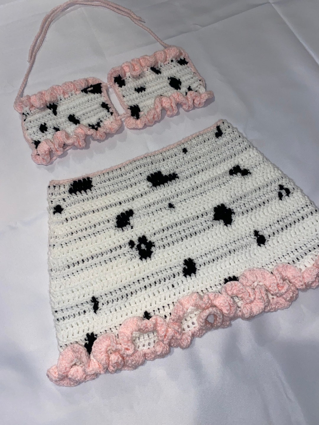 Cow Print Crochet Skirt Set  Ruched Crochet Top Ruffled - Etsy