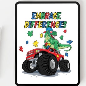 Dinosaur monster truck Embrace Differences PNG for Boys puzzle pieces dinosaur on monster truck sublimation