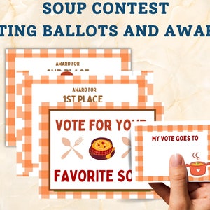May include: Four printable voting ballots for a soup contest. The ballots have a red and white checkered background and feature the text "Award for 1st Place", "Vote for Your Favorite Soup", and "My Vote Goes To".