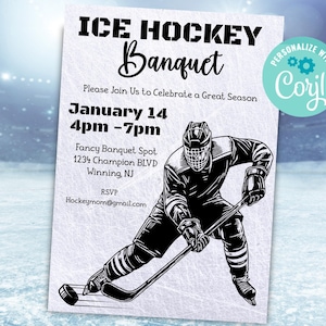Invitación digital para banquete de hockey, invitación deportiva, folleto de hockey sobre hielo, cena de premios, invitación para evento de noche de último año, fiesta moderna de hockey