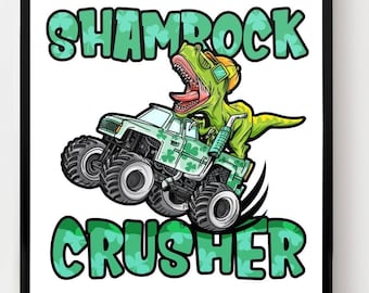 st patricks day png for boys or girls toddler shamrock crusher monster truck dinosaur PNG