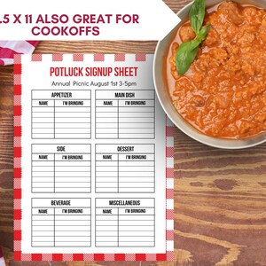 Printable Potluck Signup Sheet 8.5x11, Red and White Picnic Theme, Appetizer Side Dish Dessert Beverage Organizer
