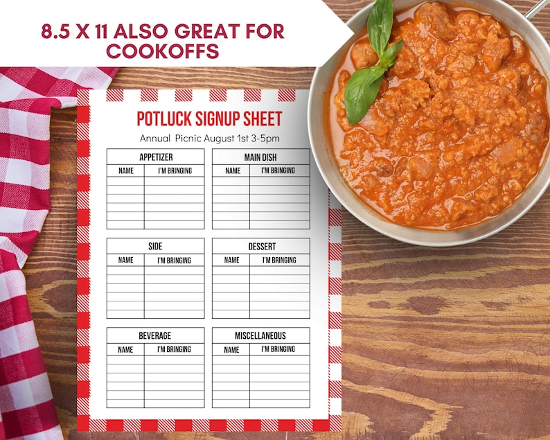 Printable Potluck Signup Sheet 8.5x11, Red and White Picnic Theme, Appetizer Side Dish Dessert Beverage Organizer