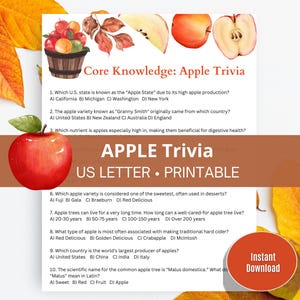 May include: A printable "Apple Trivia" game on US Letter paper. The design features a red apple, apple slices, and a wooden basket of apples. The trivia questions are about apples.