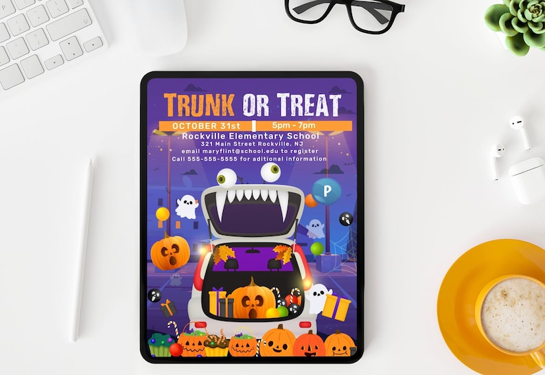Trunk or Treat Flyer, Digital Mobile or Print for Elementary Preschool