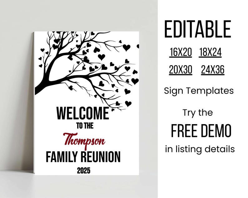 Family Reunion Welcome Sign, Heart Tree Digital Print, Personalized ...