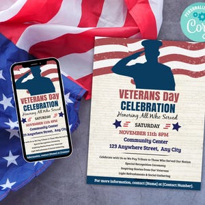 Veterans Day Flyer for School, PTA, PTO, Church or Nursing Home Celebrations, Editable Patriotic Invite Print, Mobile, Email 8.5 x 11 image 4