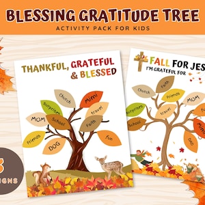 Puede incluir: Dos paquetes de actividades de árbol de gratitud imprimibles para niños. Uno dice "Thankful, Grateful & Blessed" con un árbol y etiquetas de hojas. El otro dice "Fall for Jesus I'm Grateful For". Incluye ilustraciones con temática otoñal.