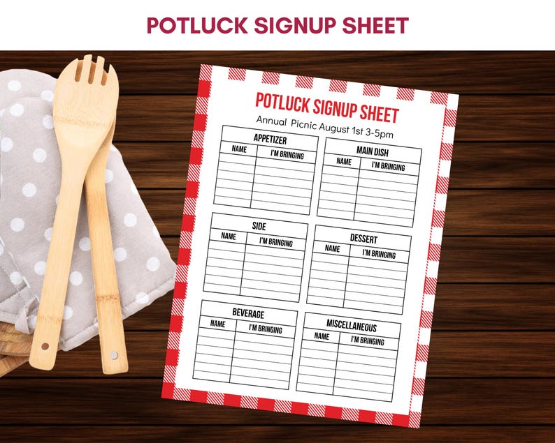 Printable Potluck Signup Sheet, Customizable Event Organizer, Picnic Planner, Digital Download PDF
