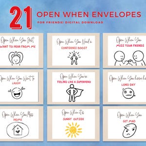 Etiquetas para sobres con la frase "Abrir cuando" para amigos, descarga instantánea, 21 cartas con la frase "Abrir cuando" para amigos, insertos imprimibles, regalo divertido para amigos