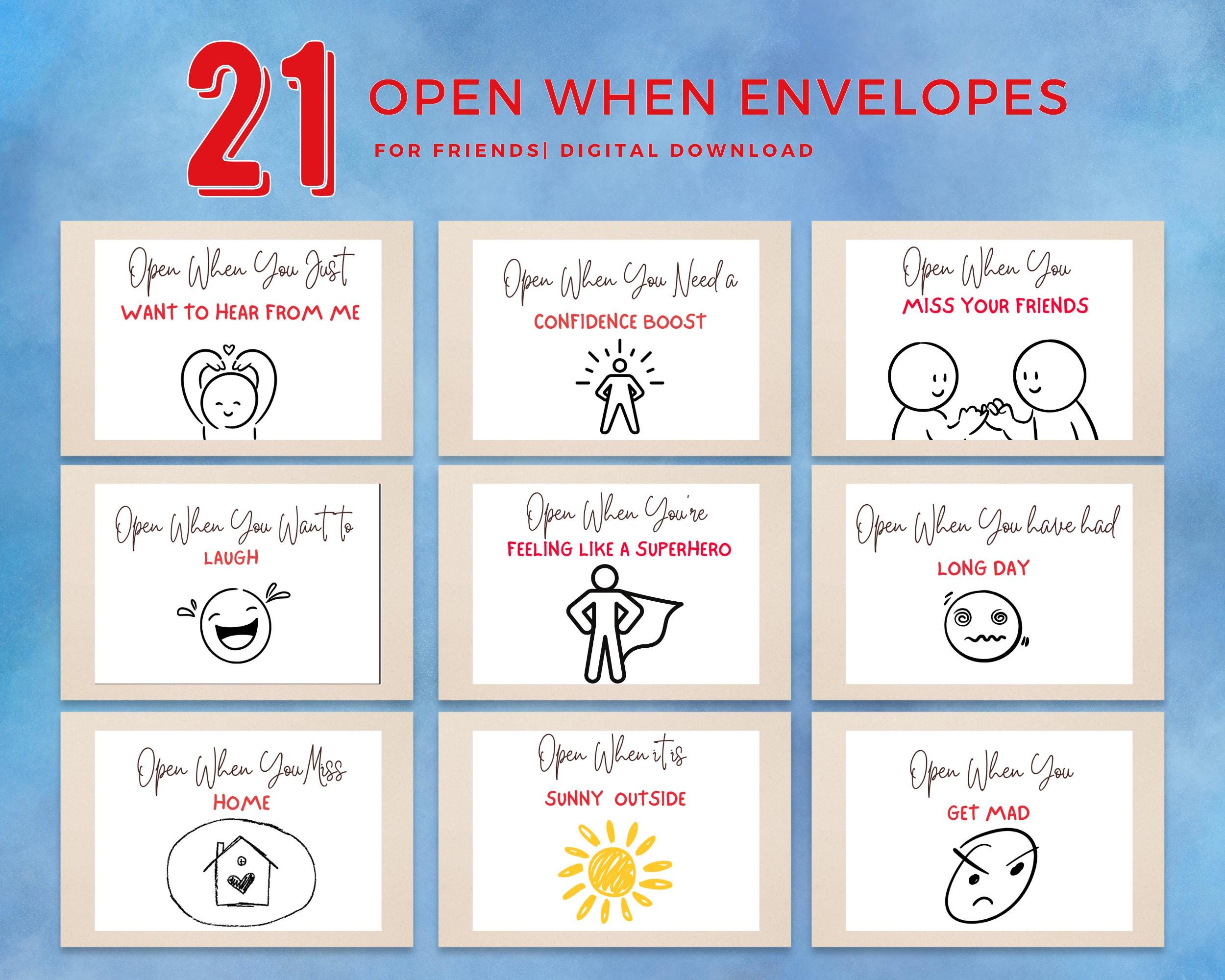 Valentines Open When Envelope Labels for Friends Instant Download, 21 Open When Letters for Friends, Printable Inserts, Fun Gift for Friends