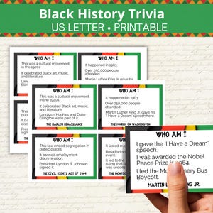Trivia imprimible sobre la historia afroamericana, juego de trivia en tamaño carta de EE. UU., tarjetas de trivia educativas, actividad del Mes de la historia afroamericana para niños