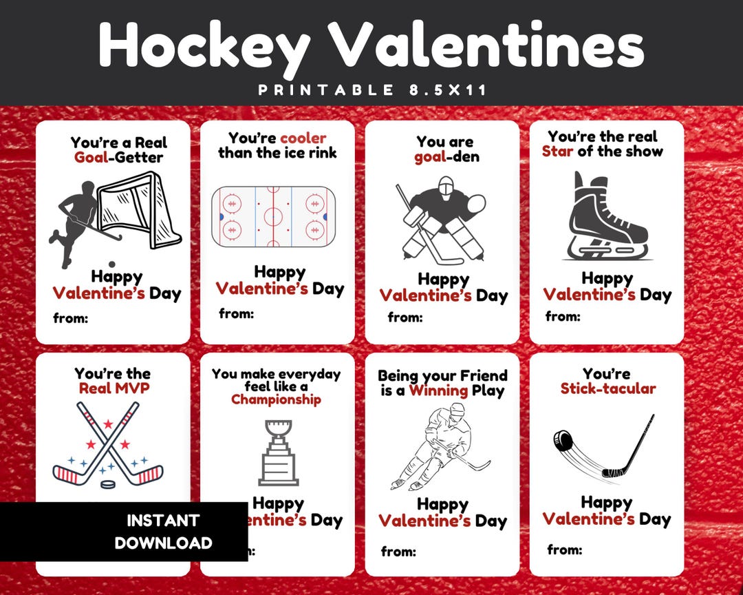Hockey Valentines Printable, Classroom Valentine Cards, Sports Themed