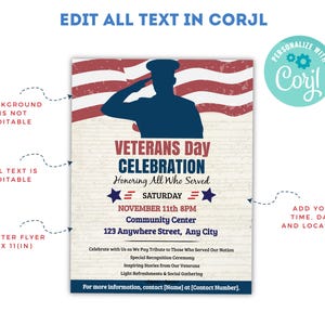 Veterans Day Flyer for School, PTA, PTO, Church or Nursing Home Celebrations, Editable Patriotic Invite Print, Mobile, Email 8.5 x 11 image 3
