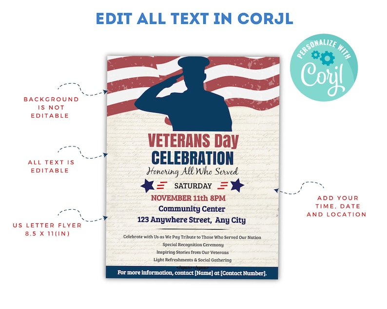 Veterans Day Flyer for School, PTA, PTO, Church or Nursing Home Celebrations, Editable Patriotic Invite Print, Mobile, Email 8.5 x 11 image 3