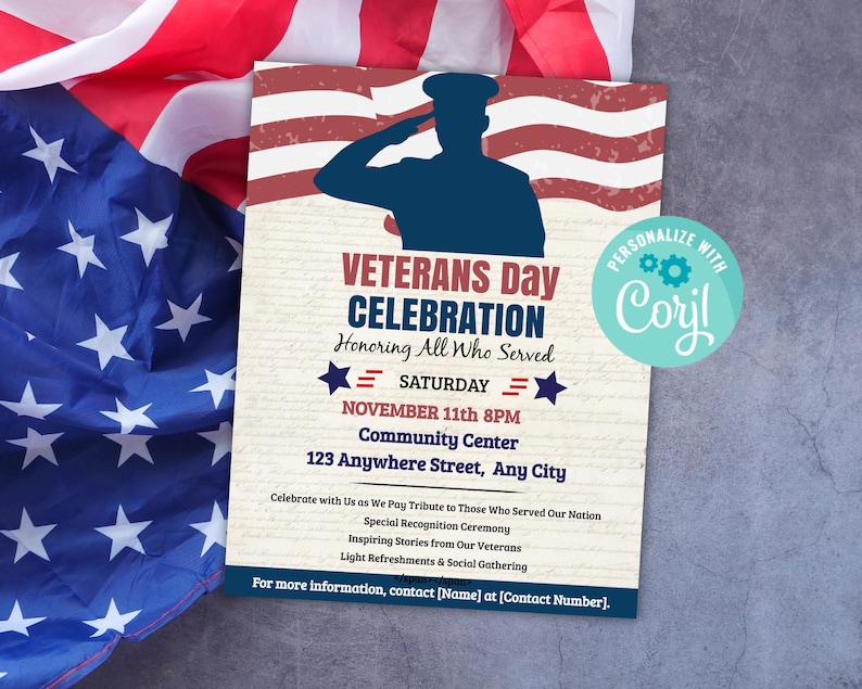Veterans Day Flyer for School, PTA, PTO, Church or Nursing Home Celebrations, Editable Patriotic Invite Print, Mobile, Email 8.5 x 11 image 1