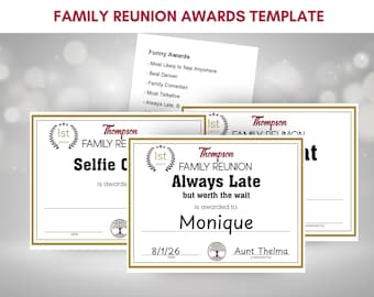 Editable Family Reunion Award Template, Printable Certificate, Funny Award, Digital Download, Reunion Games, Personalized Award