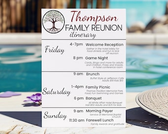 May include: A white rectangular card with a family reunion itinerary. The card includes the family name, event schedule, and activities such as a welcome reception, game night, brunch, family picnic, and banquet.