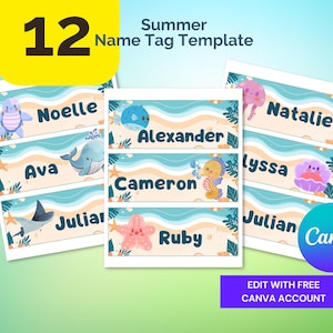 Summer Name Tag Templates, Cubby name plate, Ocean Animals Theme, Canva Editable, Printable Name Tags, School Labels, Kid&#39;s Digital Download
