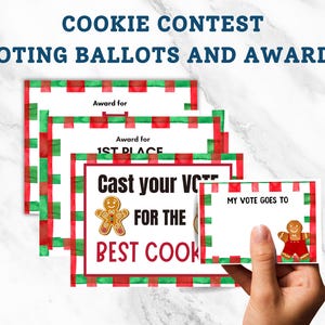 May include: A collection of cookie contest voting ballots and awards. The ballots have a red and green border with the text "Cast your vote for the best cook" and "My vote goes to". The awards say "Award for 1st Place".