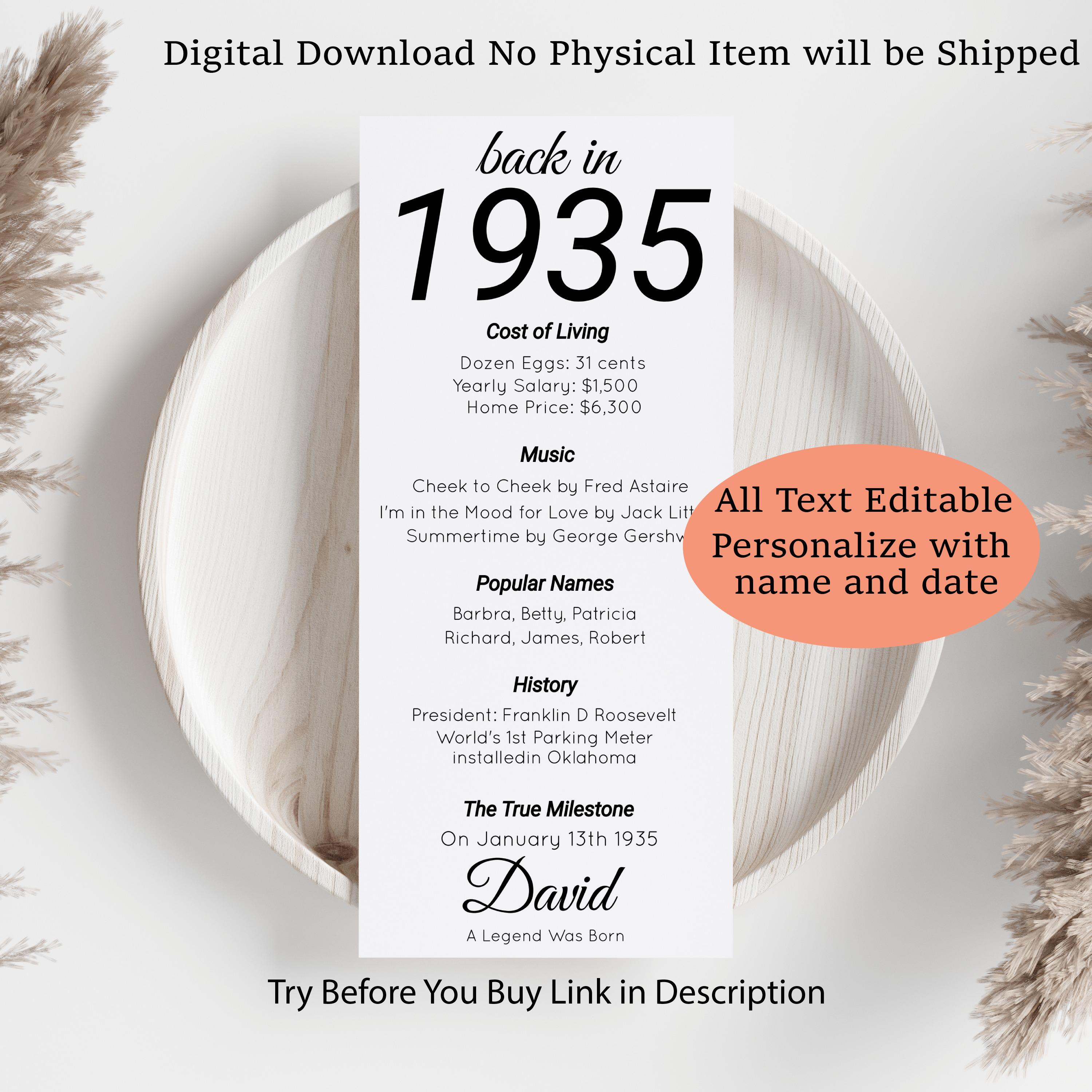 90th Birthday Printable 1935 Milestone Birthday, Back in 1935, 4x9 ...