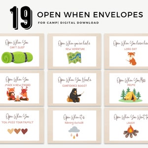 19 etiquetas de sobres para campamento con texto "Ábrete cuando quieras" Descarga instantánea, Cartas motivacionales, Descarga instantánea, Ábrelo cuando necesites inspiración