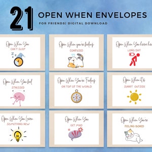 Open wanneer enveloplabels voor vrienden direct downloaden, 21 open wanneer brieven voor vrienden, afdrukbare envelop insteekkaarten, leuk cadeau voor vrienden
