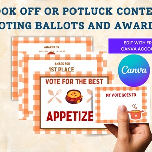 May include: Printable voting ballots and award certificates for a cook-off or potluck contest. The ballots feature a red and white checkered background with a cartoon image of a bowl of soup and utensils. The text "Vote for the Best Appetize" is printed in red. The award certificates feature a red and white checkered background with the text "Award for 1st Place".