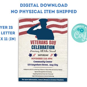 Veterans Day Flyer for School, PTA, PTO, Church or Nursing Home Celebrations, Editable Patriotic Invite Print, Mobile, Email 8.5 x 11 image 2