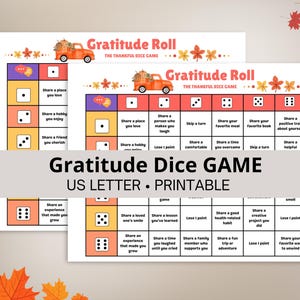 Juego de dados de gratitud, reuniones familiares, noches de juegos, comidas compartidas de Acción de Gracias, diario divertido, carta imprimible de EE. UU.