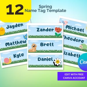 Editable Spring Name Tag template for Classroom Daycare Preschool , Cubby Desk Namr Tag Personalized Digital Download, Canva Template