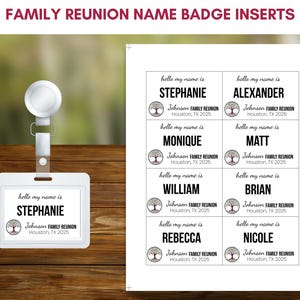 Familiereünie naamplaatje wordt ingevoegd digitale, afdrukbare reüniebadges, DIY-reünie naamkaartjes, gepersonaliseerde reünie, Instant Download