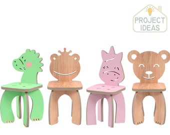 Plano vectorial de silla infantil con diseño de animal, archivos cortados con láser y CNC (pdf, svg, dxf)
