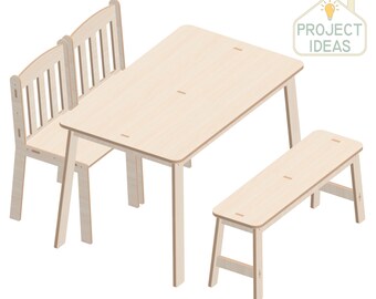 Archivos cortados con láser CNC para mesa de comedor, banco y silla (PDF, SVG, DXF)