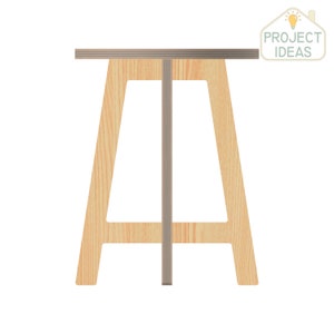 May include: A wooden table with a light wood finish and a simple design. The table has a rectangular top and four legs that are angled outwards. The table is made of plywood and has a natural wood grain.