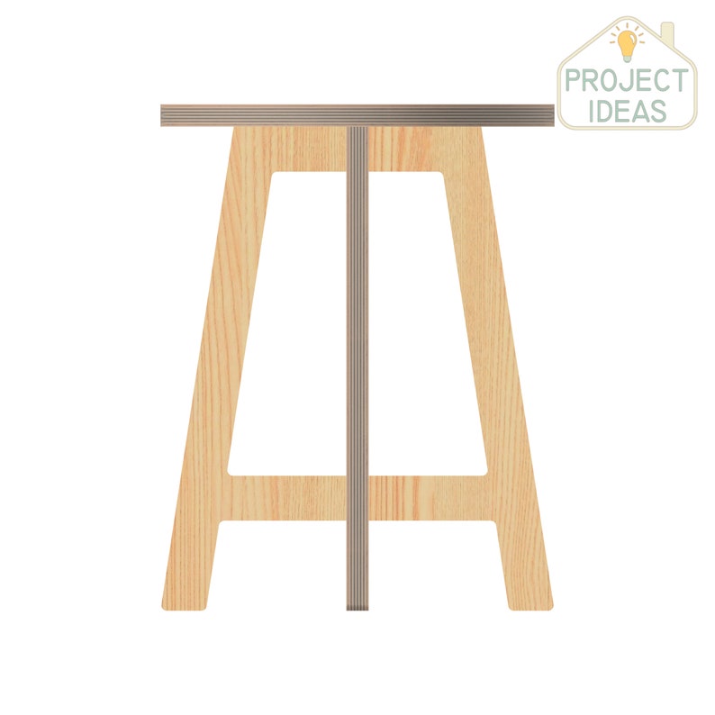 May include: A wooden table with a light wood finish and a simple design. The table has a rectangular top and four legs that are angled outwards. The table is made of plywood and has a natural wood grain.