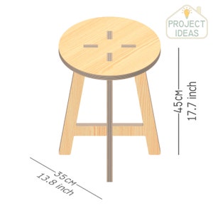 May include: A wooden stool with a round seat and four legs. The seat is 13.8 inches in diameter and the stool is 17.7 inches tall.