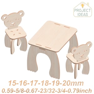 Könnte beinhalten: Holzspielset mit einem Tisch und zwei Stühlen in Bärenform. Tisch und Stühle sind unbehandelt und bereit zum Bemalen. Das Set besteht aus 1/4 Zoll Sperrholz und ist 15-20 mm (0,59-0,79 Zoll) dick.