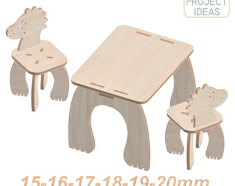 Archivo de corte láser CNC para muebles infantiles de dinosaurios, mesa y silla Montessori (dxf, svg, pdf)