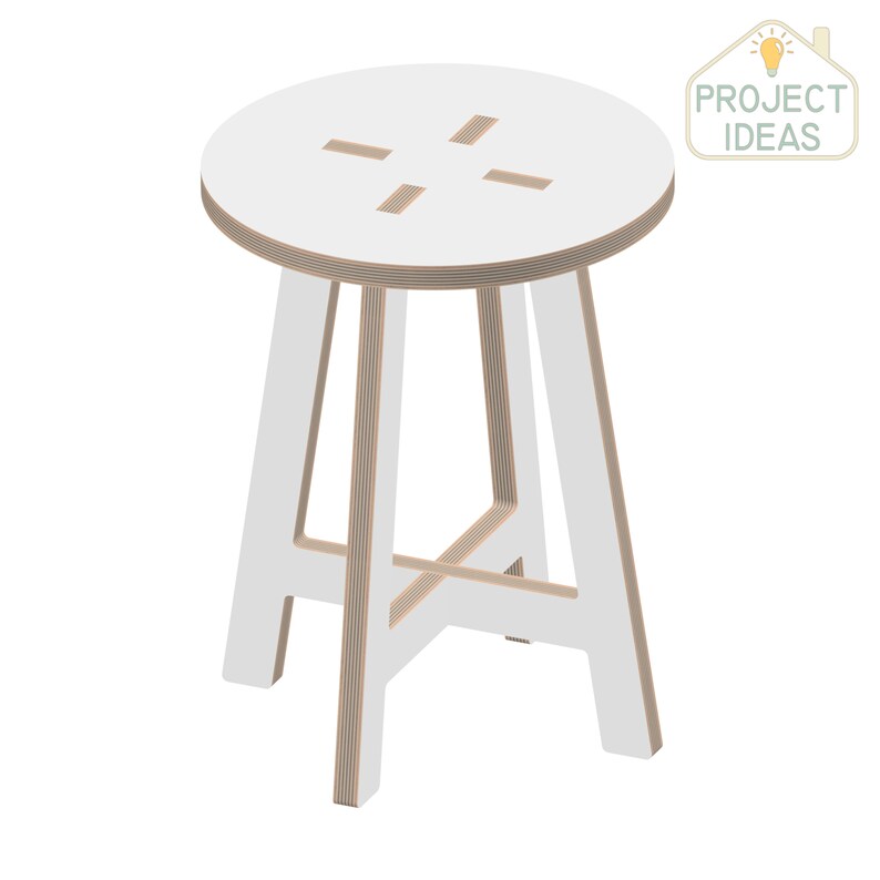 May include: White wooden stool with a round seat and four legs. The seat has a cross-shaped cutout.