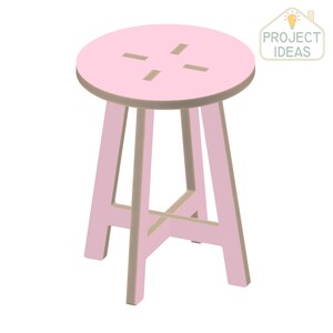 May include: A pink wooden stool with a round seat and a simple, modern design.