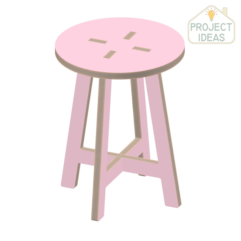 May include: A pink wooden stool with a round seat and a simple, modern design.